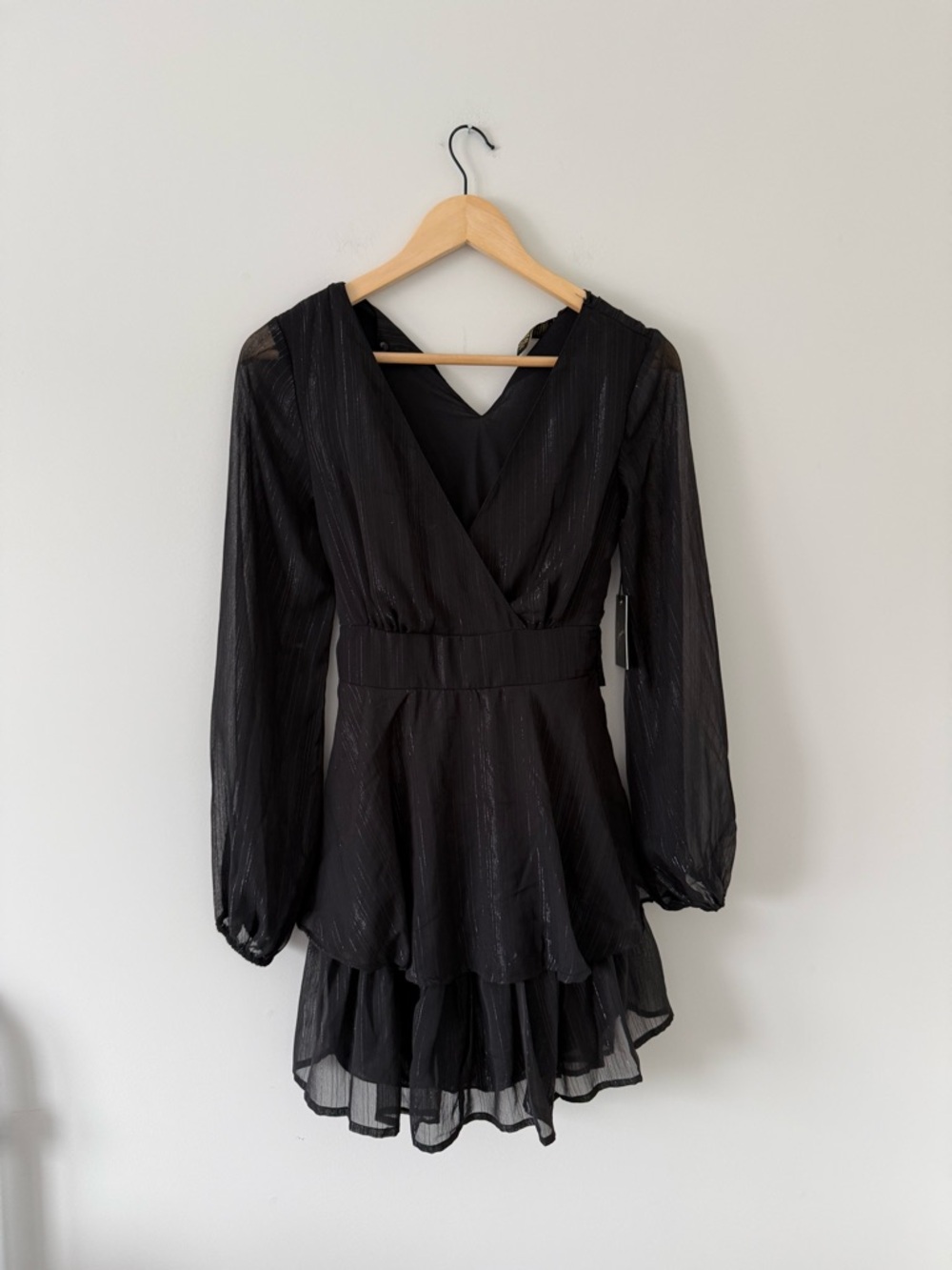 NWT Black Long-Sleeve V-Neck Ruffle Dress (size XS)